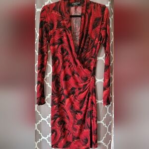 Norma Kamali Red and Black Wrap-Style Long Sleeve Dress
